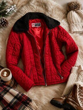 Red Lined Winter Jacket Faux Fur Collar Zip Pockets Size S
